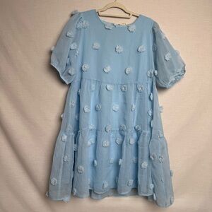 Jodifl Blue Textured Pom-Pom Babydoll Dress – Size Large, Tiered Puff Sleeve NWT